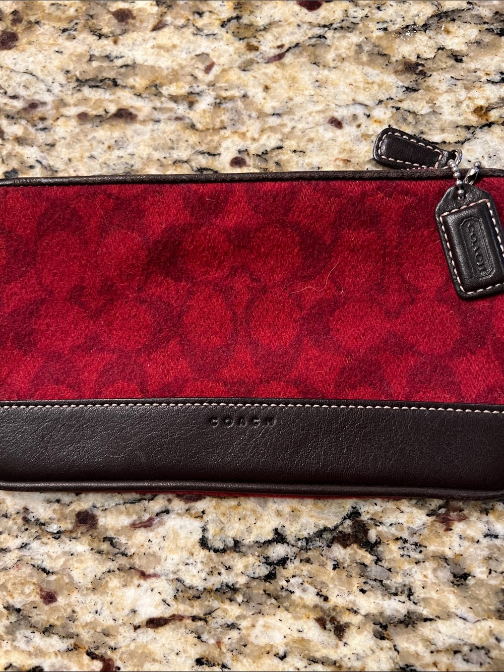 Coach Red Wool Signature Wristlet with Brown Leather Trim